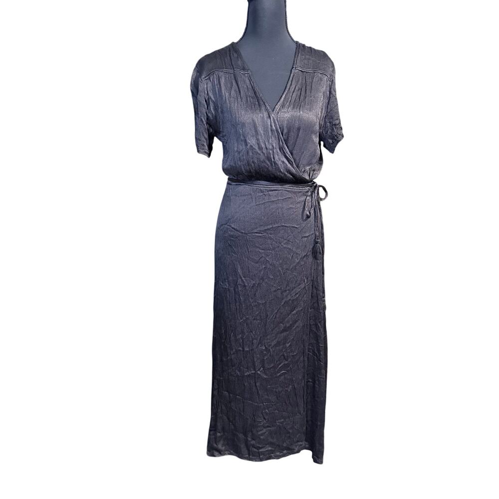 Billabong black viscose long wrap dress medium satin finish LBD resort date nite